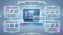 Teknoloji Blogu Webmasterları İçin Tavsiyeler başlıklı infografik. Görselde içerik stratejisi, UI/UX tasarımı, teknik SEO ve veri analizi konularında ipuçları yer alırken, merkezdeki dizüstü bilgisayar ekranında teknobird.com örnek site referansı olarak gösterilmektedir. Teknoloji Blogu Webmasterları İçin Tavsiyeler başlıklı infografik. Görselde içerik stratejisi, UI/UX tasarımı, teknik SEO ve veri analizi konularında ipuçları yer alırken, merkezdeki dizüstü bilgisayar ekranında teknobird.com örnek site referansı olarak gösterilmektedir.
