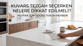 Kuvars tezgah seçimi rehberi başlıklı, beyaz kuvars mutfak adası ve numunelerin yer aldığı modern mutfak tasarımı. Kuvars tezgah seçimi rehberi başlıklı, beyaz kuvars mutfak adası ve numunelerin yer aldığı modern mutfak tasarımı.