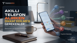 Akıllı telefon alırken dikkat edilmesi gereken donanım ve yazılım özelliklerini (işlemci, RAM, depolama, kamera, pil ömrü, yazılım desteği) modern bir ofis ortamında gösteren profesyonel teknoloji rehberi görseli.